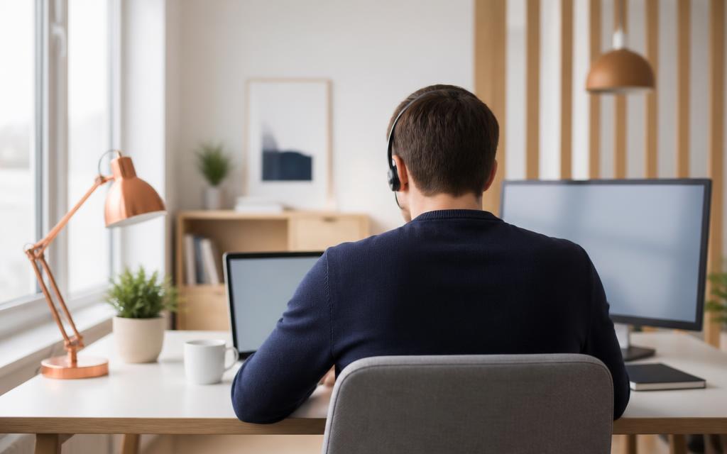 Jurist med headset som ger löpande juridisk rådgivning på ett ljust skandinaviskt kontor