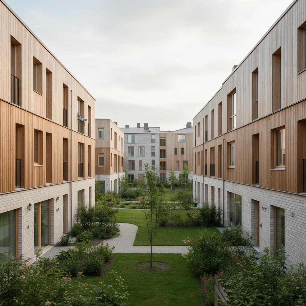 Nybyggda bostäder i modern svensk stadsdel med ljusa fasader