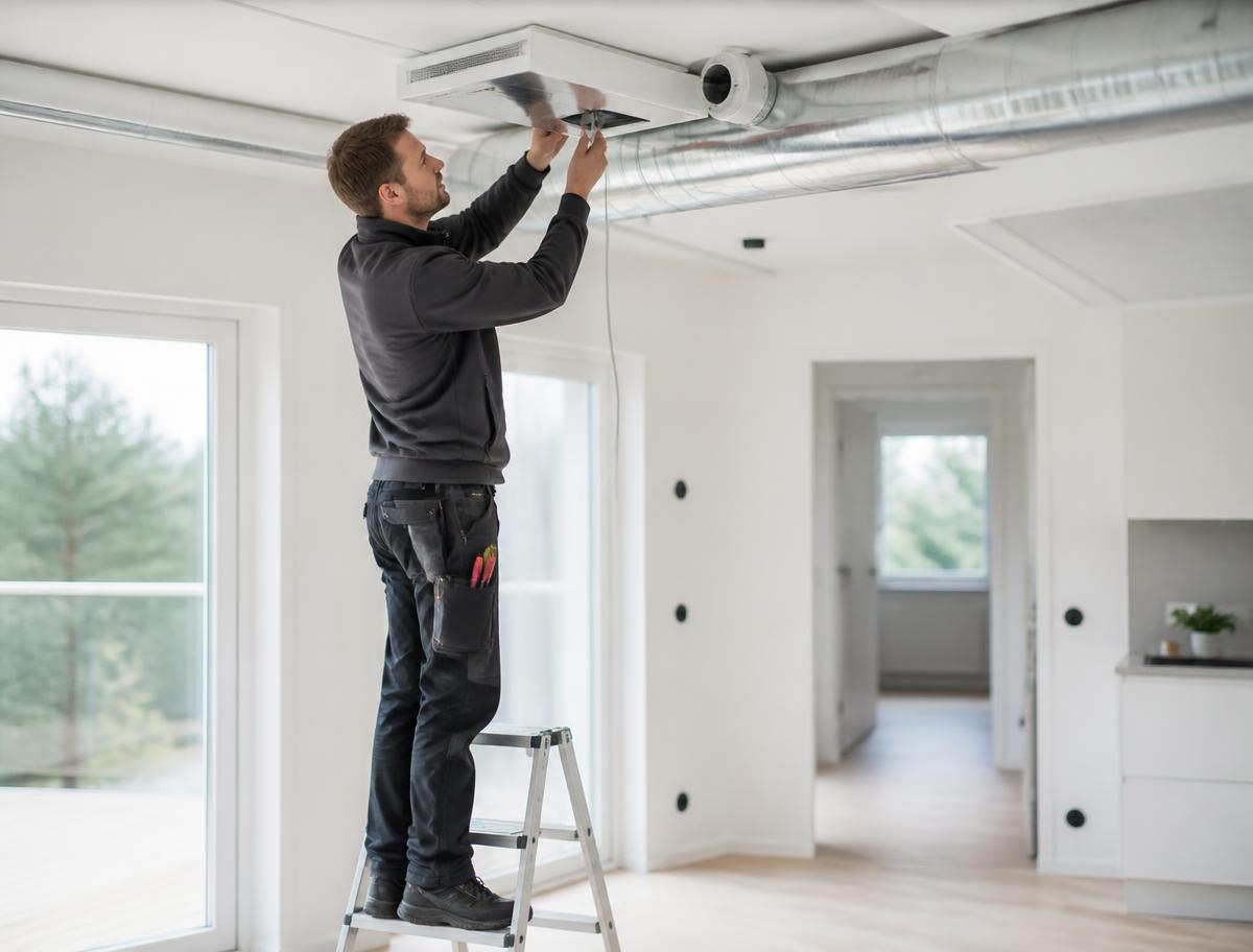 Installationsarbete med ventilationskanaler och eldragningar i modern byggnad