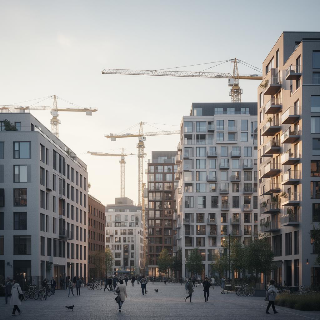 Nyproducerat svenskt bostadskvarter under utveckling med moderna flerbostadshus
